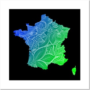 Colorful mandala art map of France with text in blue and green Posters and Art